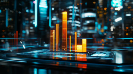 This image showcases a futuristic data visualization featuring glowing bar graphs against a vibrant cityscape, emphasizing innovation and technology in urban settings.の素材
