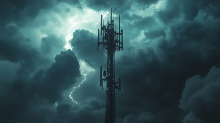 A striking image of a communication tower framed by stormy clouds and intense lightning. The scene captures the power of nature and technology converging.の素材