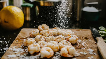 A beautiful close-up of fresh shrimp sprinkled with sea salt and lemon on a wooden cutting board. Perfect for food lovers and culinary projects.の素材