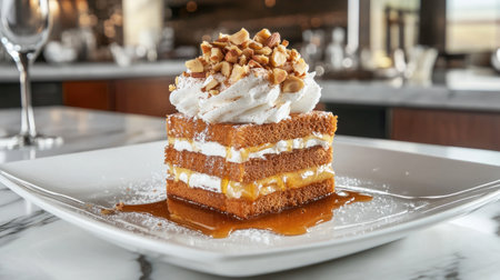 Delight in this gourmet dessert featuring layers of rich cake and creamy frosting, topped with crunchy nuts and drizzled with caramel, perfect for any sweet tooth.の素材