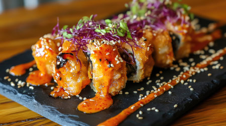 An enticing plate of sushi rolls topped with a spicy sauce and vibrant garnishes, presented beautifully on a slate platter for an exquisite dining experience.の素材