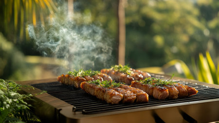Savor the aroma of juicy meat skewers grilling over charcoal, topped with fresh herbs. Enjoy the outdoor cooking experience amidst nature and vibrant greenery.の素材