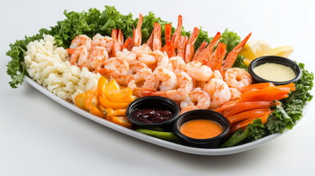 A beautifully arranged shrimp platter featuring fresh shrimp, colorful vegetables, and an assortment of dipping sauces, perfect for parties and gatherings.の素材