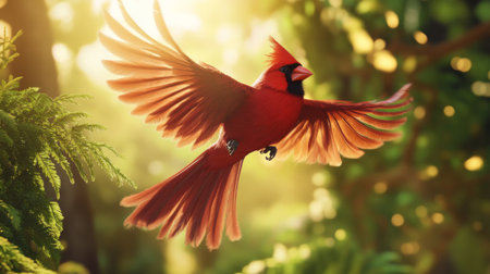 A dynamic image of a vibrant red cardinal in flight, showcasing its magnificent feathers against a lush green backdrop with soft sunlight filtering through, symbolizing freedom and beauty in nature.の素材