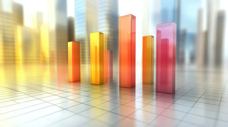A dynamic illustration featuring colorful market bars set against a blurred urban backdrop, symbolizing financial growth, investment trends, and corporate success in a modern cityscape.の素材
