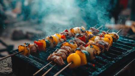 Sizzling grilled skewers featuring assorted meats and colorful vegetables, creating a mouthwatering culinary experience with aromatic smoke in a summer backyard setting.の素材