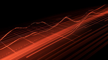 Dynamic abstract red digital waves create a vibrant background suitable for modern design. The flowing lines and patterns evoke energy and creativity.の素材