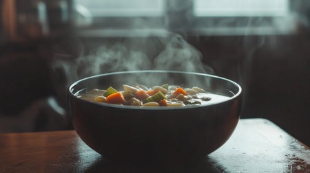 A steaming bowl of vegetable soup sits on a wooden table, showcasing vibrant ingredients and evoking a sense of warmth and comfort in a cozy kitchen setting.の素材