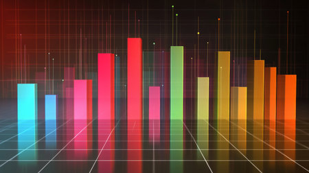 This vibrant bar graph showcases data analytics with colorful bars reflecting on a sleek surface, ideal for marketing and business presentations.の素材