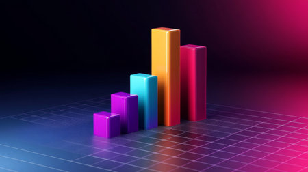 A vibrant 3D bar graph showcases data analysis with colorful bars representing growth trends. Ideal for business and technology visuals.の素材