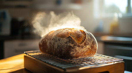 This image captures a freshly baked artisan loaf of bread resting on a cooling rack, with steam gently rising, creating a warm and inviting atmosphere in the kitchen.の素材