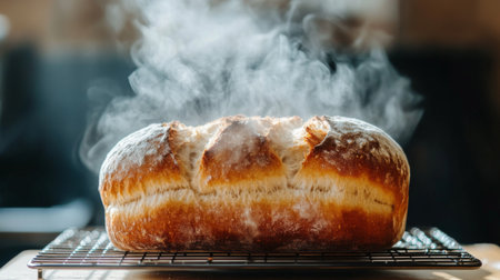 A freshly baked loaf of bread sits on a cooling rack, releasing steam as it cools. The warm, inviting aroma fills the cozy kitchen, showcasing the beauty of homemade baking.の素材