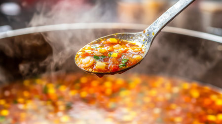 A close-up of a steaming spoonful of vegetable soup, showcasing vibrant colors and fresh ingredients in a pot, perfect for a comforting meal.の素材