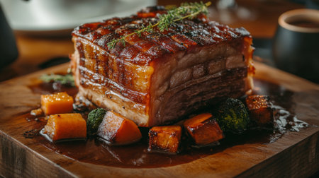 A beautifully presented roasted meat dish featuring crispy skin, accompanied by colorful vegetables and rich sauce, perfect for a gourmet meal setting.の素材