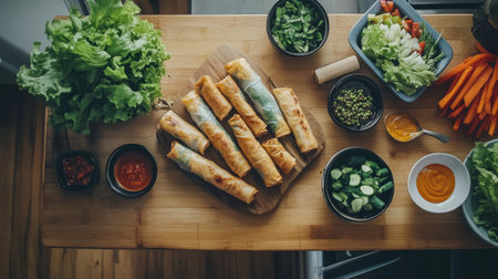 A vibrant setup for making fresh spring rolls with an array of vegetables and herbs on a wooden table, offering a healthy and appetizing meal option.の素材