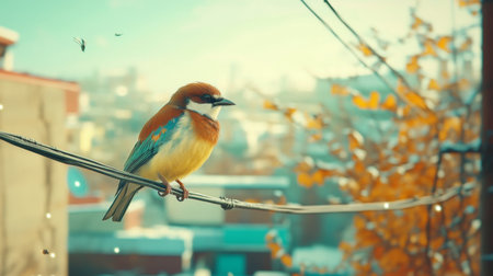 A vibrant bird with orange and blue feathers perches gracefully on a wire, against a blurred urban backdrop filled with autumn foliage. An inviting scene that captures the essence of wildlife in a city setting.の素材