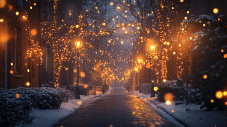 A serene winter evening scene featuring a snow-covered pathway adorned with glowing lights, creating a magical atmosphere filled with warmth and beauty.の素材