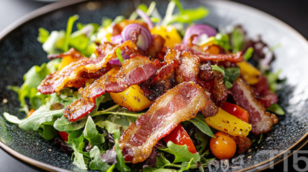 A vibrant salad featuring crispy bacon on a bed of fresh greens and colorful vegetables, perfect for a healthy meal option or a gourmet dish.の素材