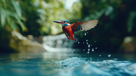 A stunning kingfisher bird captured in mid-flight above a shimmering water surface, surrounded by lush greenery, showcasing the beauty of nature.の素材