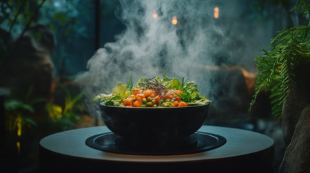 A vibrant bowl of fresh salad with colorful vegetables emits steam in a cozy dining environment, highlighting the freshness and healthy lifestyle.の素材