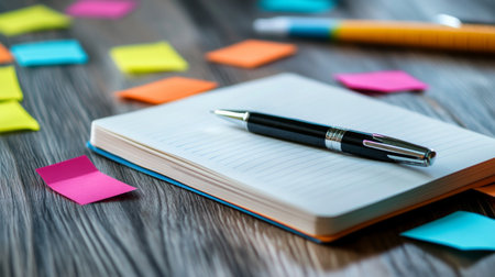 A sleek pen rests on an open notebook, surrounded by vibrant sticky notes, creating an inviting workspace ideal for brainstorming and planning tasks effectively.の素材