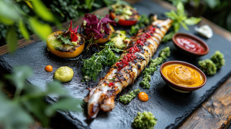 A beautifully arranged grilled seafood platter featuring charred squid, colorful vegetables, fresh herbs, and vibrant sauces on a rustic slate board, complemented by a lush outdoor setting.の素材