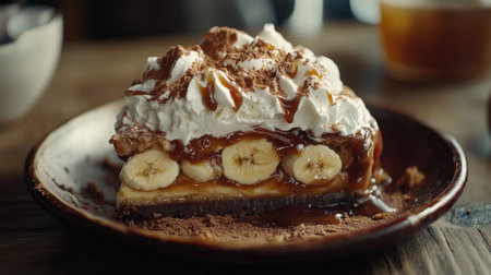 This enticing image showcases a slice of banana cream pie adorned with whipped cream, caramel drizzle, and chocolate shavings, perfect for dessert lovers.の素材
