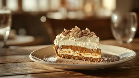 A tempting slice of creamy dessert featuring layers of bananas and chocolate, topped with whipped cream, beautifully presented on a rustic plate. Perfect for sweet moments.の素材