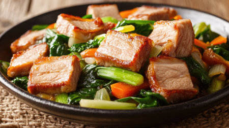 A mouthwatering display of pan-seared pork belly paired with vibrant vegetables, showcasing a perfect blend of flavors and textures for culinary enthusiasts.の素材