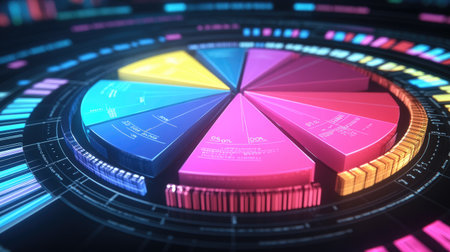 Innovative pie chart showcasing vibrant data segments with interactive elements, perfect for demonstrating trends and enhancing analytical presentations in digital formats.の素材