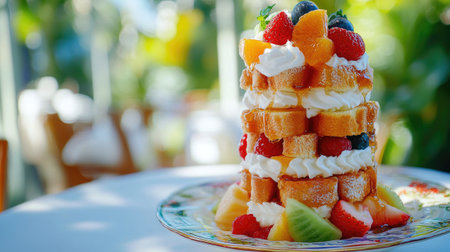 A stunning dessert tower made with fluffy cake layers, fresh fruits, and airy whipped cream, perfect for any celebration or outdoor gathering, highlighting vibrant colors and textures.の素材