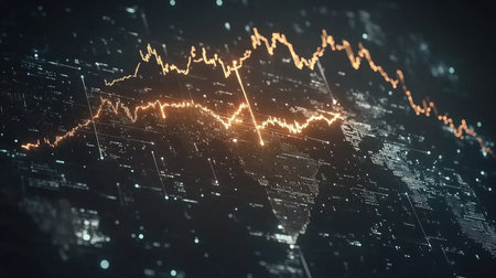 Dynamic illustration of financial markets showcasing glowing trends and data on a digital grid, perfect for themes in technology, finance, and analytics.の素材