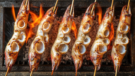 Mouthwatering grilled seafood skewers showcase the art of cooking over a charcoal grill, perfect for summer gatherings and culinary celebrations filled with flavor.の素材