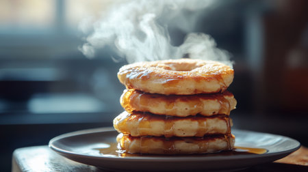 A tempting stack of fresh hot pancakes drizzled with maple syrup, exuding steam and warmth. Perfect for a cozy breakfast or indulgent brunch. Enjoy!の素材