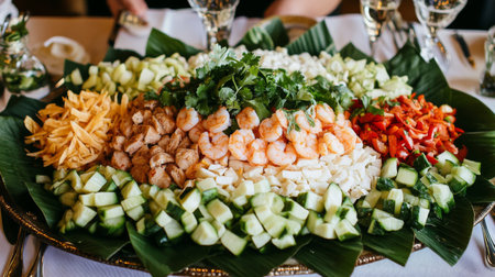 A vibrant seafood salad platter featuring shrimp, fresh cucumbers, colorful peppers, and aromatic cilantro, ideal for events or gatherings.の素材