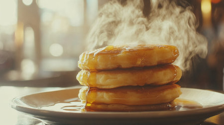 A steaming stack of fluffy pancakes on a plate, drizzled with rich maple syrup, creating a warm and inviting breakfast scene perfect for morning enjoyment.の素材