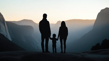 A family stands silhouetted against a stunning mountain backdrop during dawn, symbolizing unity and the beauty of shared experiences in nature.の素材