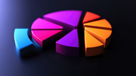 Vibrant 3D pie chart segments on a dark surface illustrate the essence of data visualization, perfect for analytics, marketing, and educational purposes.の素材