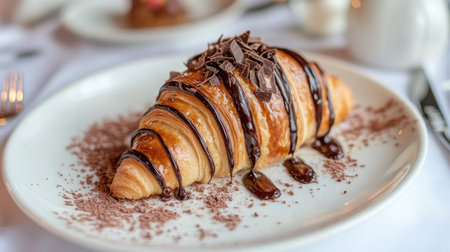 A mouthwatering croissant adorned with rich chocolate drizzle and shavings, elegantly presented on a plate with cocoa powder, perfect for dessert lovers.の素材