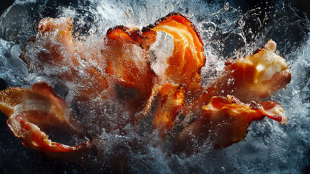 This striking image captures crispy bacon splashing through water, showcasing its texture and vibrant colors. Ideal for food-related themes.の素材