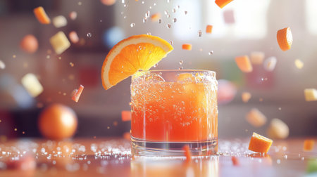 A vibrant citrus drink captures attention with its refreshing splash and floating fruit pieces. Perfect for summer gatherings, showcasing color and zest.の素材