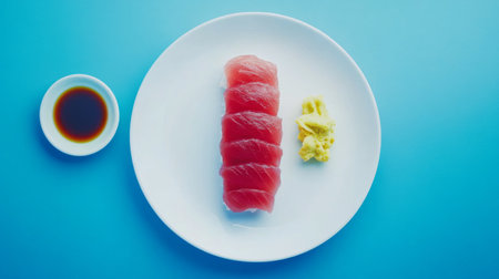 A beautifully arranged sushi piece featuring fresh tuna alongside wasabi and soy sauce, set against a vibrant blue background, perfect for culinary storytelling.の素材
