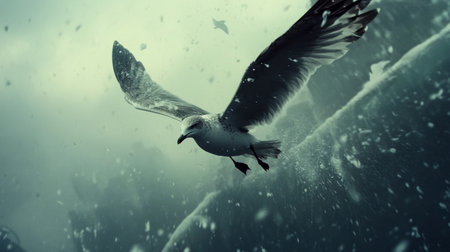 A seagull gracefully soars through a stormy sky, surrounded by falling snow. The image captures the essence of nature's beauty and wildlife in motion.の素材