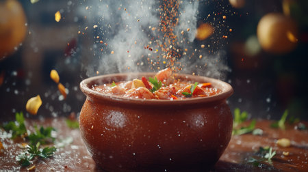 An inviting scene of a spicy dish bubbling in a rustic pot, surrounded by vibrant herbs and spices, highlighting the art of delicious home cooking.の素材