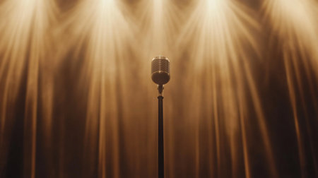 A vintage microphone stands alone on a stage, surrounded by warm, dramatic lighting that enhances the atmosphere. Perfect for music or performance themes.の素材