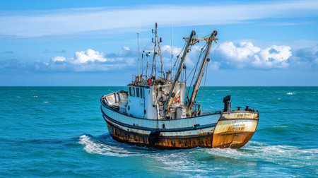 A weathered fishing boat navigates through turquoise waters, showcasing its rustic charm. The vibrant blue sky dotted with clouds enhances the serene seascape.の素材