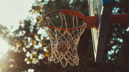 A captivating view of a basketball hoop with a ball swishing through the net, captured during the golden hour. This image reflects the energy of outdoor sports and community.の素材