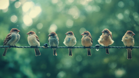 A serene composition of seven colorful birds perched on a wire, showcasing their vibrant feathers against a softly blurred green background, capturing the beauty of nature.の素材