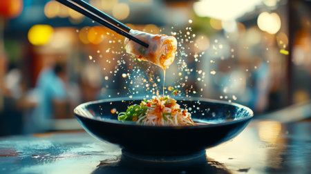 A stunning close-up of a gourmet dish featuring noodles and spring rolls, beautifully presented with vibrant sauce. Ideal for food lovers and culinary enthusiasts.の素材