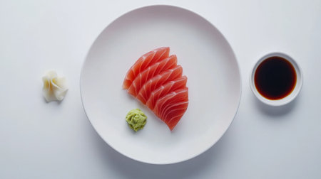 Delight in the simplicity of fresh raw tuna slices, served with wasabi and soy sauce on a pristine white plate, perfect for a culinary experience.の素材